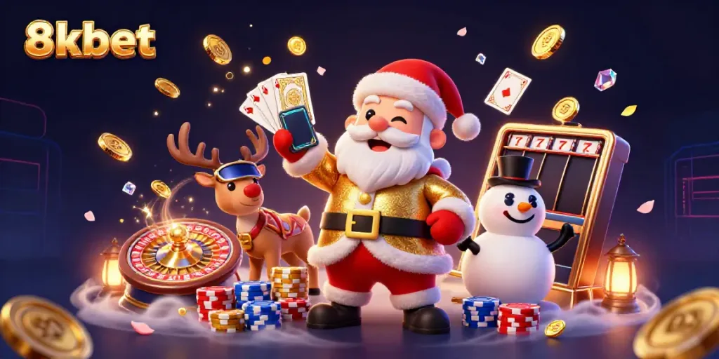 Experience the excitement of 8xbet's gaming world with Santa, his reindeer, and poker-themed snowman.