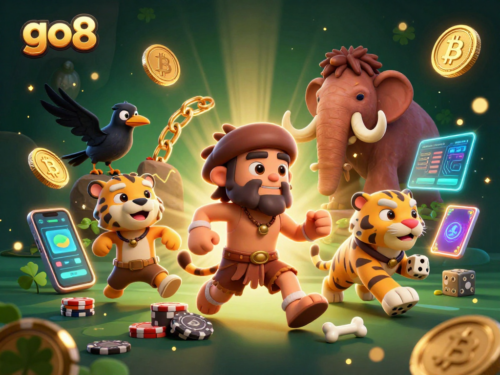 Experience the excitement at go8 with lively caveman characters and crypto elements illustrating online gaming.