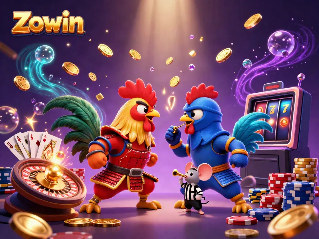 Zowin offers an exciting gaming encounter with roosters in battle amid sparkling casino elements.