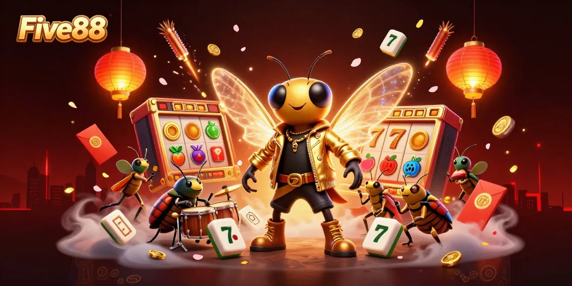 Experience the excitement of Five88 with a vibrant, casino-themed illustration featuring a rock star cicada.