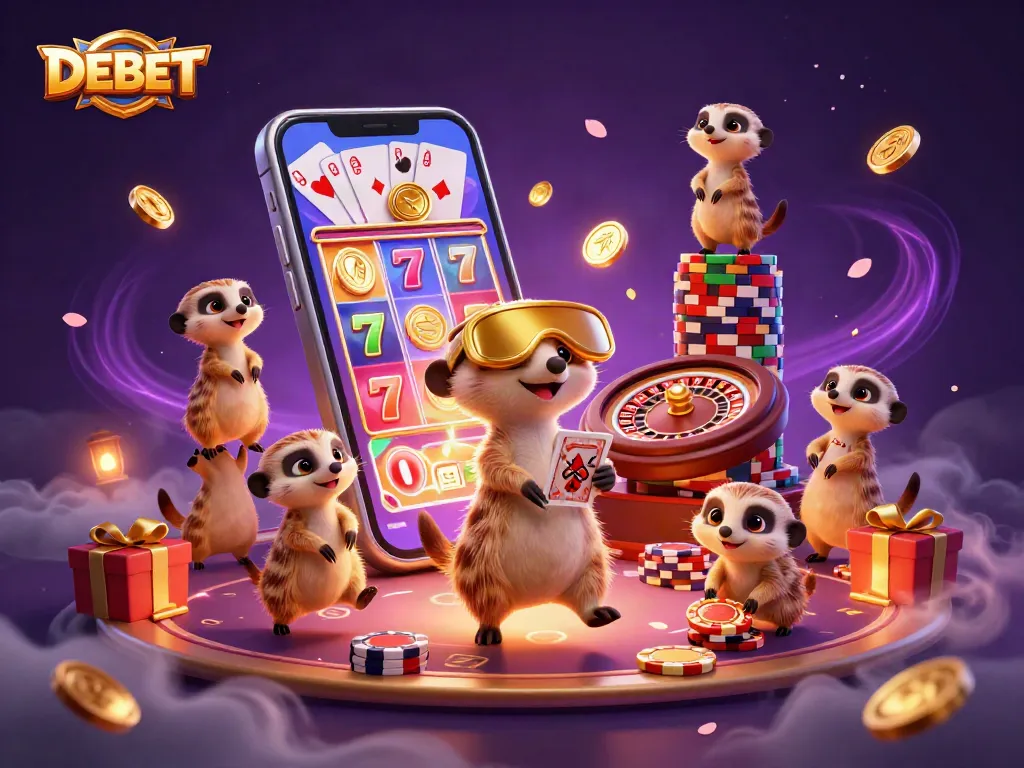 DEBET meerkats managing a colorful casino scene with slots, chips, and vibrant decorations