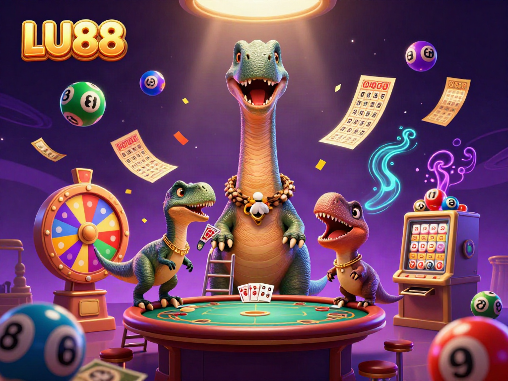 Engage with LU88's vibrant casino world, featuring playful dinosaurs and exciting lottery elements.