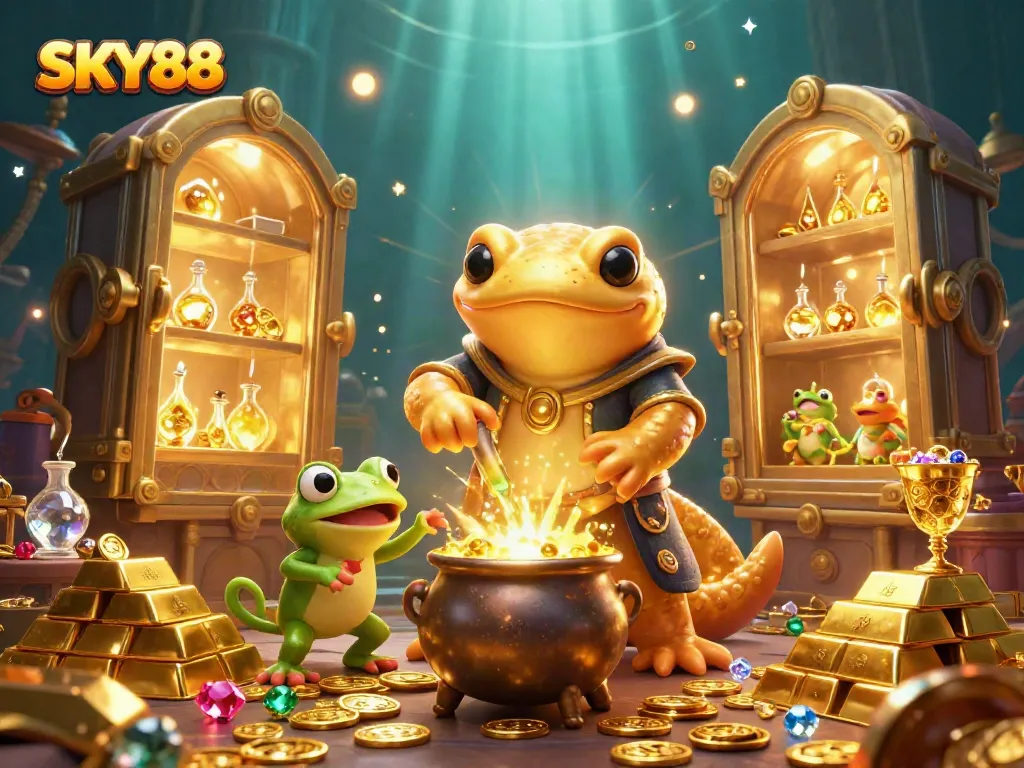 Experience exciting casino adventures at SKY88 with a captivating scene of magical alchemy and fortune.