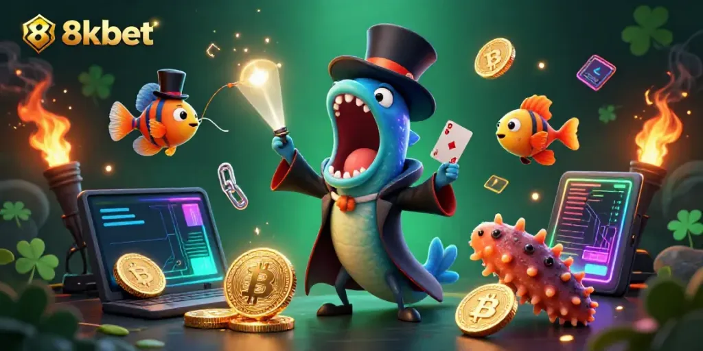 Experience exciting bets with 8xbet illustrated through a vibrant casino-themed scene featuring unique sea creatures.
