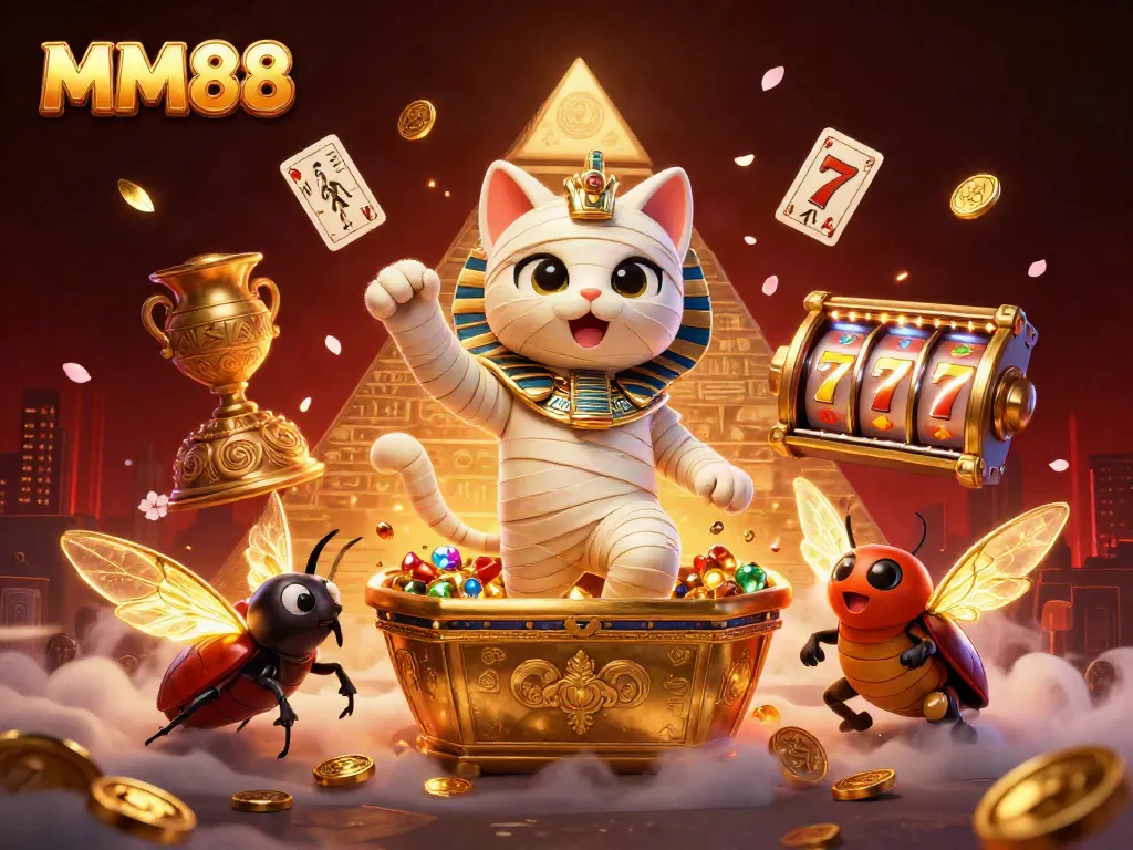 Experience the thrill with MM88 at a vibrant pyramid casino, featuring a mummy cat, glowing scarab, and floating cards.