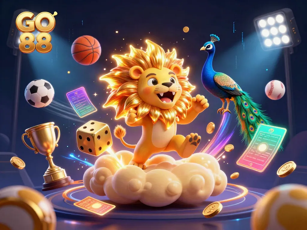 Join the excitement at GO 88 with a vibrant gaming scene featuring dynamic sports elements and a roaring lion.