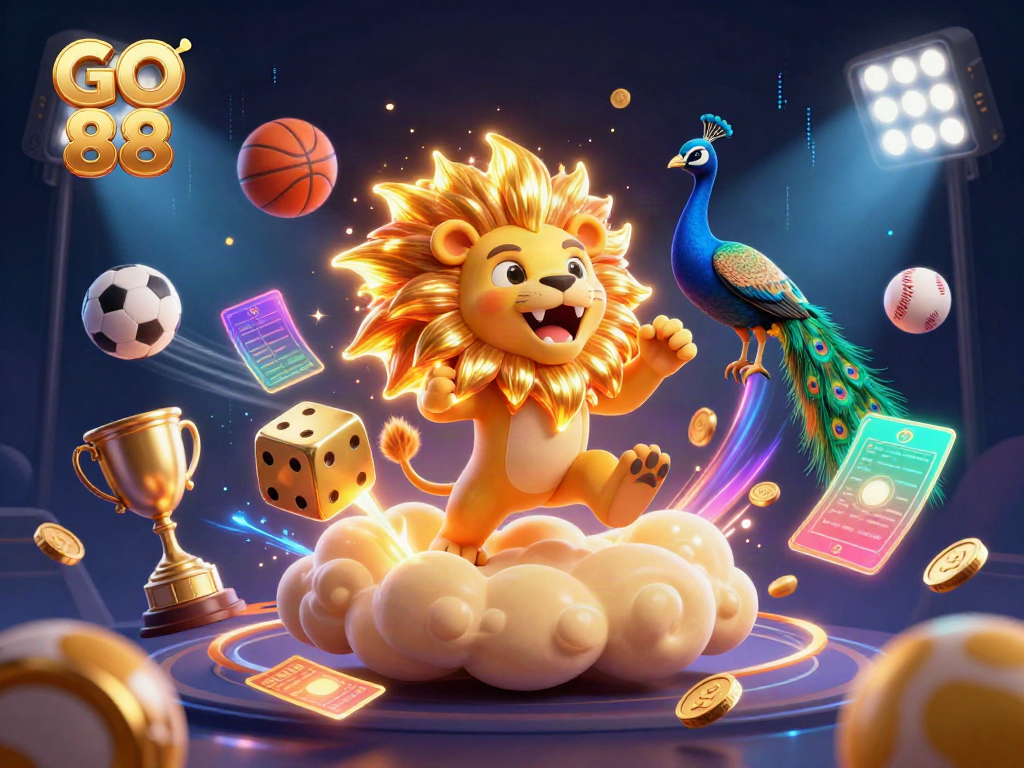 Join the excitement at GO 88 with a vibrant gaming scene featuring dynamic sports elements and a roaring lion.