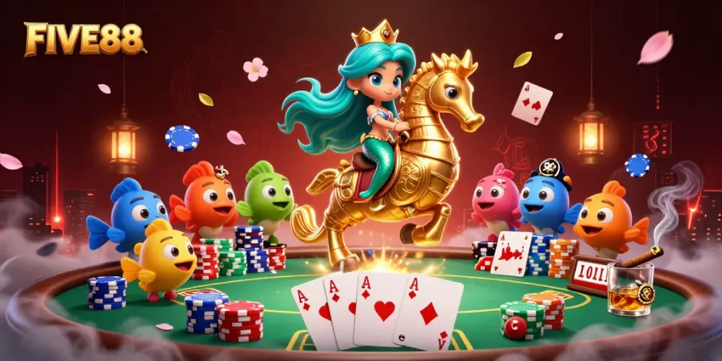 Engage with the exciting world of FIVE88's vibrant casino games featuring colorful characters and rich elements.