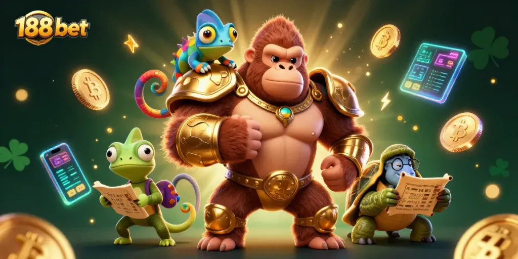 Experience the excitement of 188 bet with dynamic casino characters in a vibrant gambling scene.