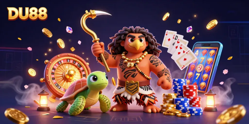 Experience thrilling wins at DU88 with vibrant casino action featuring a demigod, treasure, and gameplay elements.