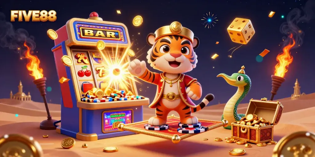 Experience the thrill with FIVE88's cartoon-themed illustration of a jackpot explosion in a vibrant casino setup.