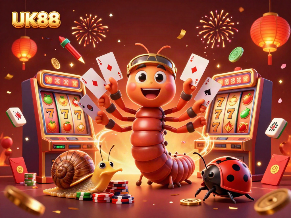 Experience the vibrant atmosphere of UK88 with a dynamic 3D casino scene featuring a playful millipede dealer and high-rolling snail.