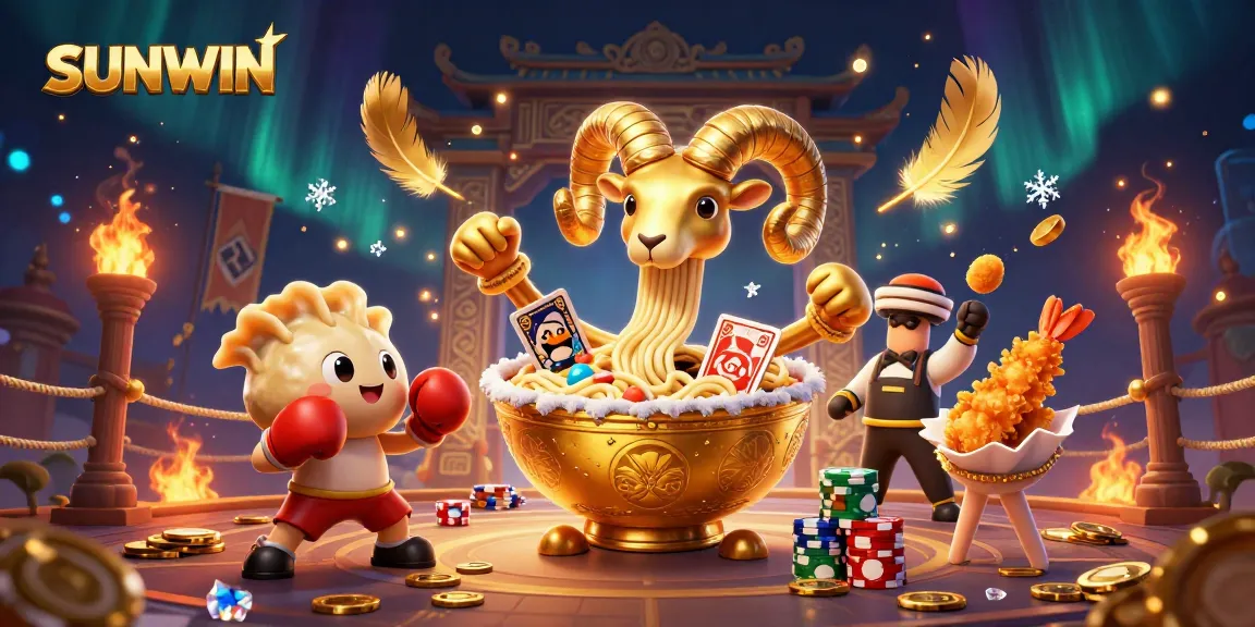Experience the excitement of SUNWIN with a giant golden ramen bowl, dealers, and cheering tempura shrimp!
