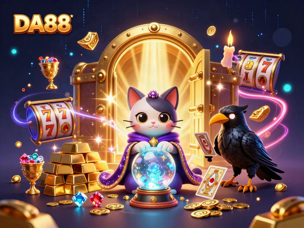 Experience thrilling jackpots with DA88 in a vibrant casino fantasy scene full of treasures.