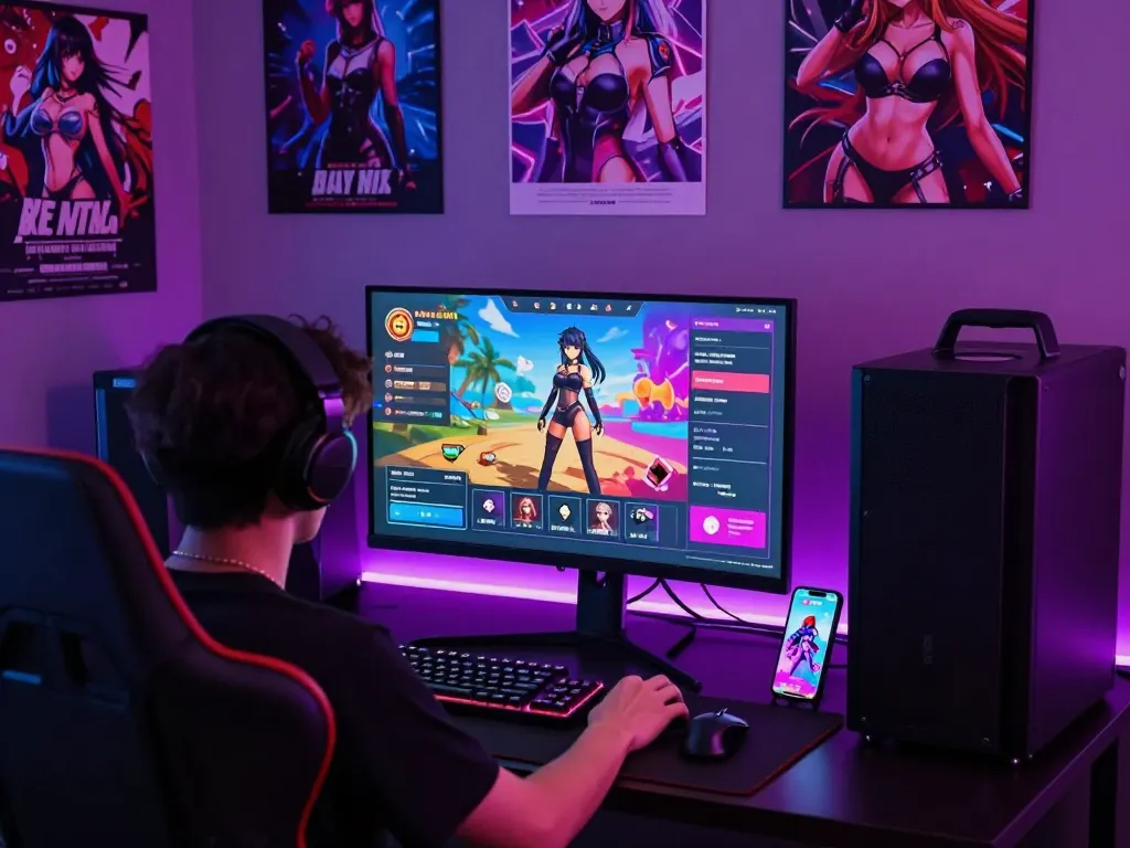 Engaging scene of a gamer playing interactive game porn, surrounded by immersive gaming equipment and colorful graphics.