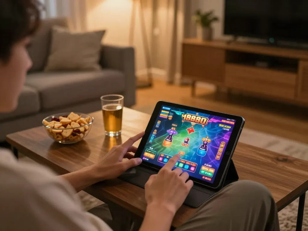 Engaged user playing 888slot on tablet in a cozy home setting with snacks and modern decor.