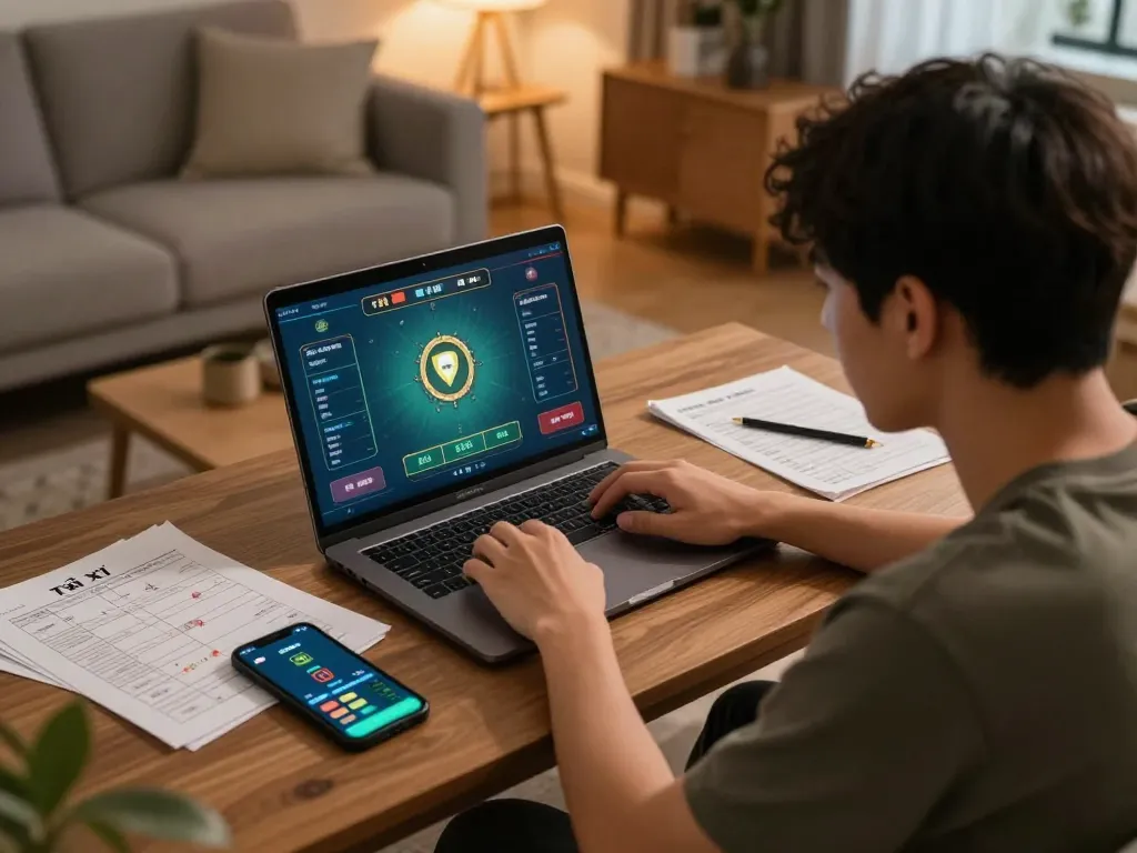 Engaged player strategizing while playing tài xỉu on a laptop in a cozy home setup.