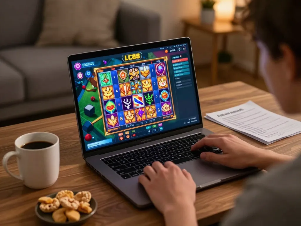 Player enjoying a vibrant LC88 slot game on a laptop, showcasing engaging graphics and gameplay strategy