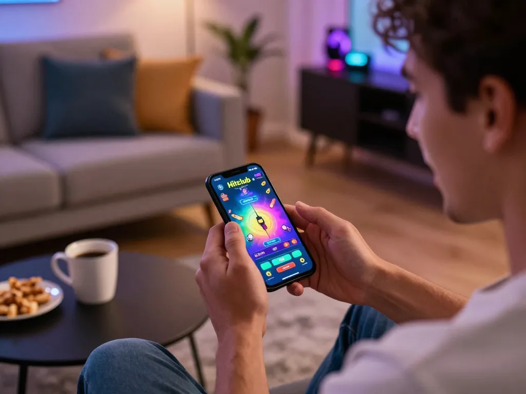 Engaged player utilizing the Hitclub app for exciting mobile gambling in a cozy environment