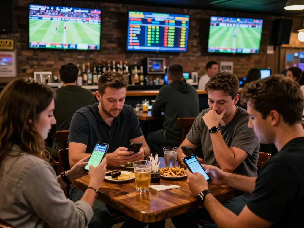 Engaged players betting on sports using 23Win app in a lively sports bar setting.