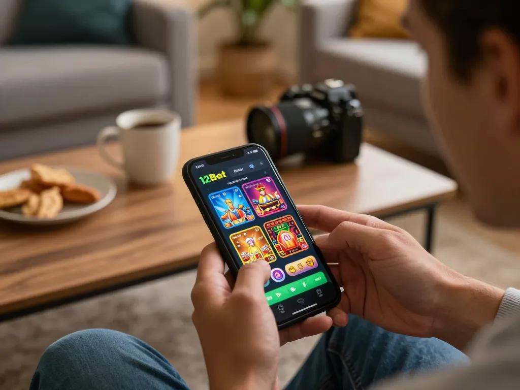 Người chơi thưởng thức ứng dụng casino di động 12bet trong không gian ấm cúng tại nhà, nhấn mạnh trải nghiệm cờ bạc thoải mái