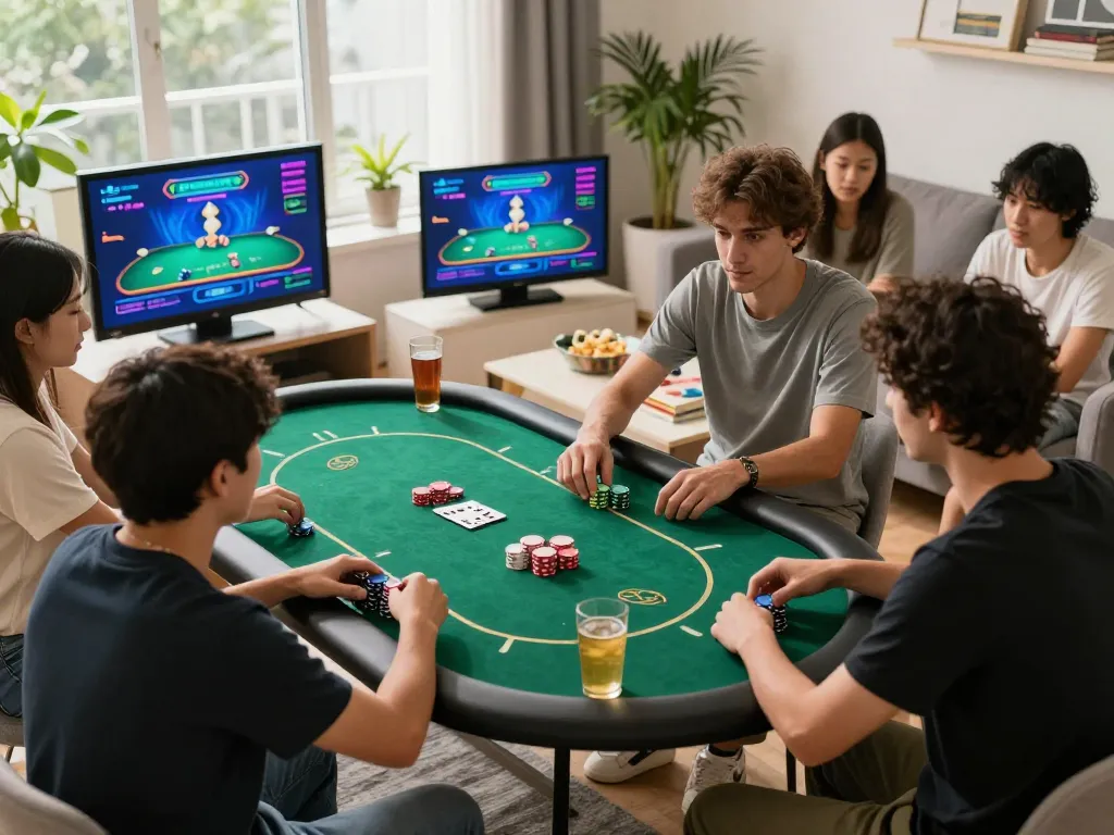 Players at home enjoying an online poker game on u888 with vibrant screens and cozy atmosphere.