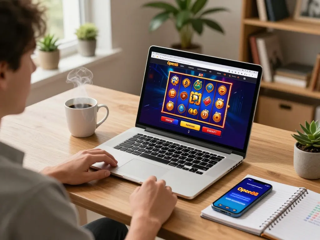 Engaging online gameplay on Open88 platform with colorful slot reels and strategic betting notes.