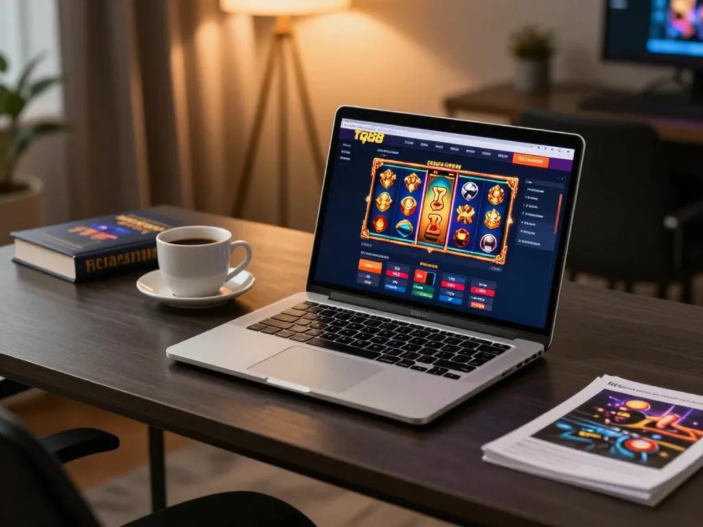 Engaging with tg88 online casino on a sleek laptop amidst a cozy home setup.