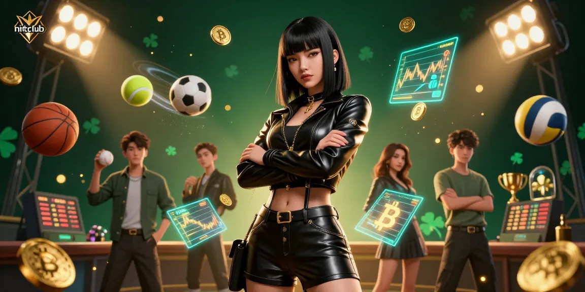 Win big at hitclub in a vibrant casino scene featuring an Asian woman surrounded by gold coins and sports elements.