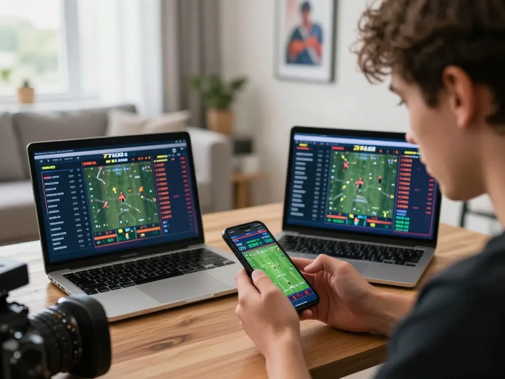 Excited gambler using 77LOC app on smartphone to place live sports bets.