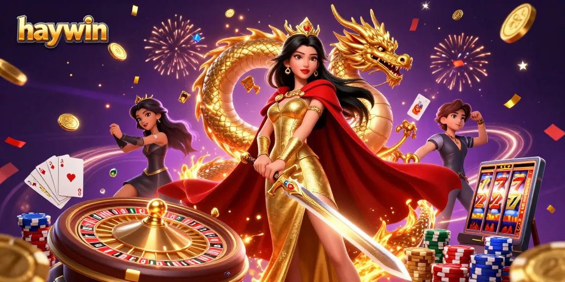 Haywin offers thrilling gaming experiences with vibrant slot symbols and dynamic golden elements.