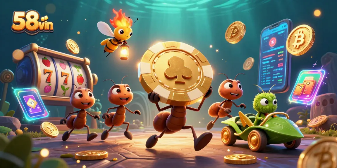 Embrace the excitement of 58win as ants conduct a thrilling heist with a golden poker chip.