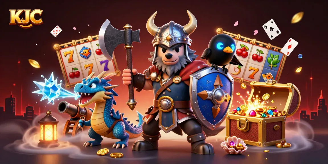 KJC enhances your gaming experience with a dynamic Viking warrior battling for jackpots in a vibrant casino world.