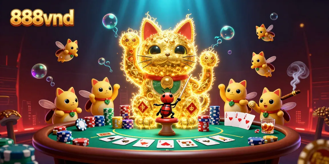Engage in thrilling gameplay at 888vnd while enjoying a vivid scene of a lucky cat made of golden fireflies amid casino symbols.