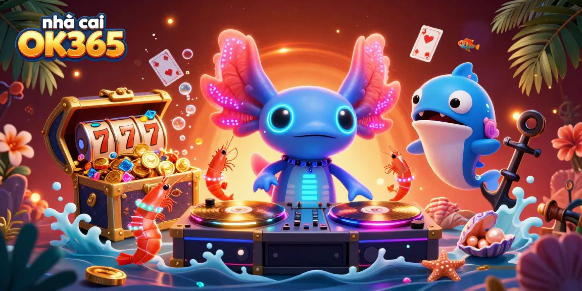 Dance with the fun axolotl DJ at nhà cái OK365 while enjoying vibrant slot games and underwater treasures.