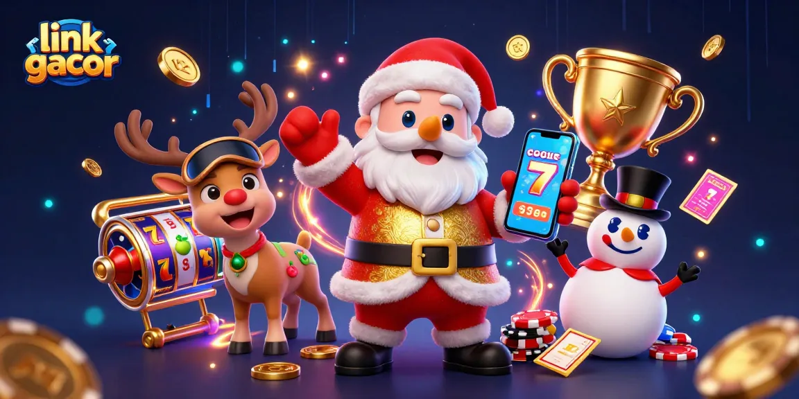Spin the reels with link gacor in a festive 3D casino scene featuring Santa and friends.