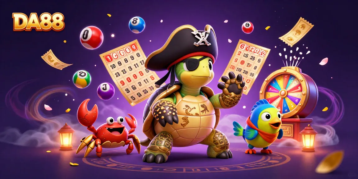 Spin and win with DA88’s exciting lottery-themed scene featuring colorful lottery elements and cheerful characters.