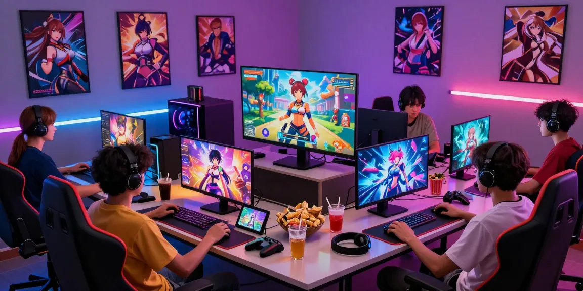 Gamers enjoying a vibrant hentai game online session with colorful visuals and snacks in a lively atmosphere.