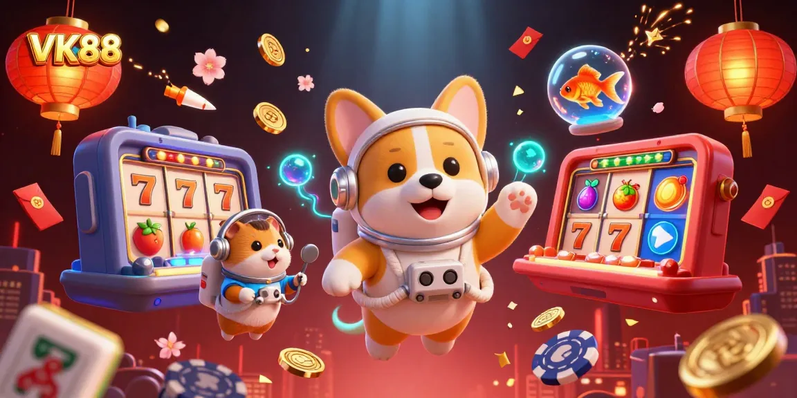 VK88 immerses players in a space casino, where whimsical characters float among vibrant slots and poker elements.