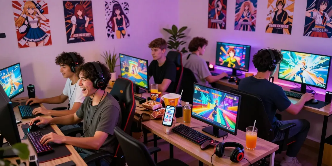Group of friends enjoying online ecchi games in a vibrant gaming lounge