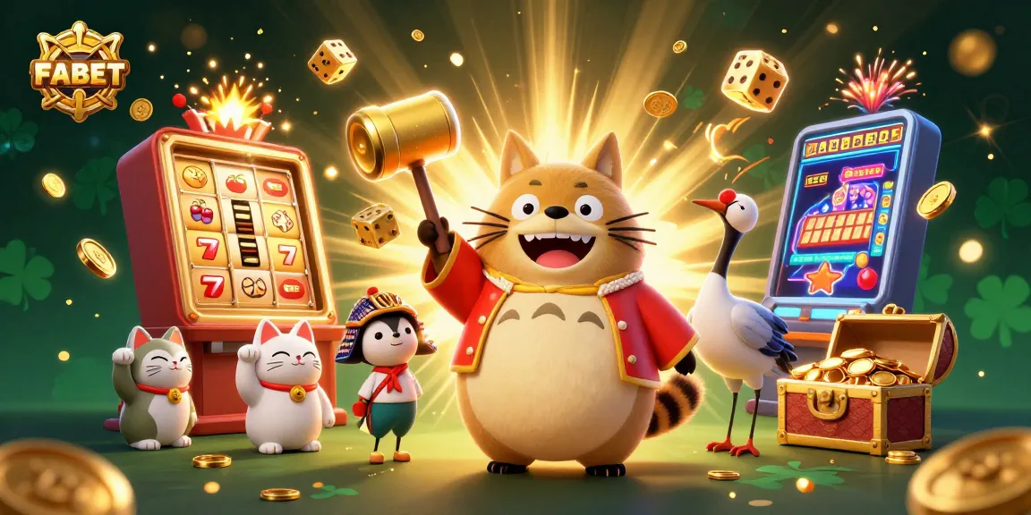 Spin the reels at FABET with a cheerful raccoon and lucky symbols in a vibrant casino scene.