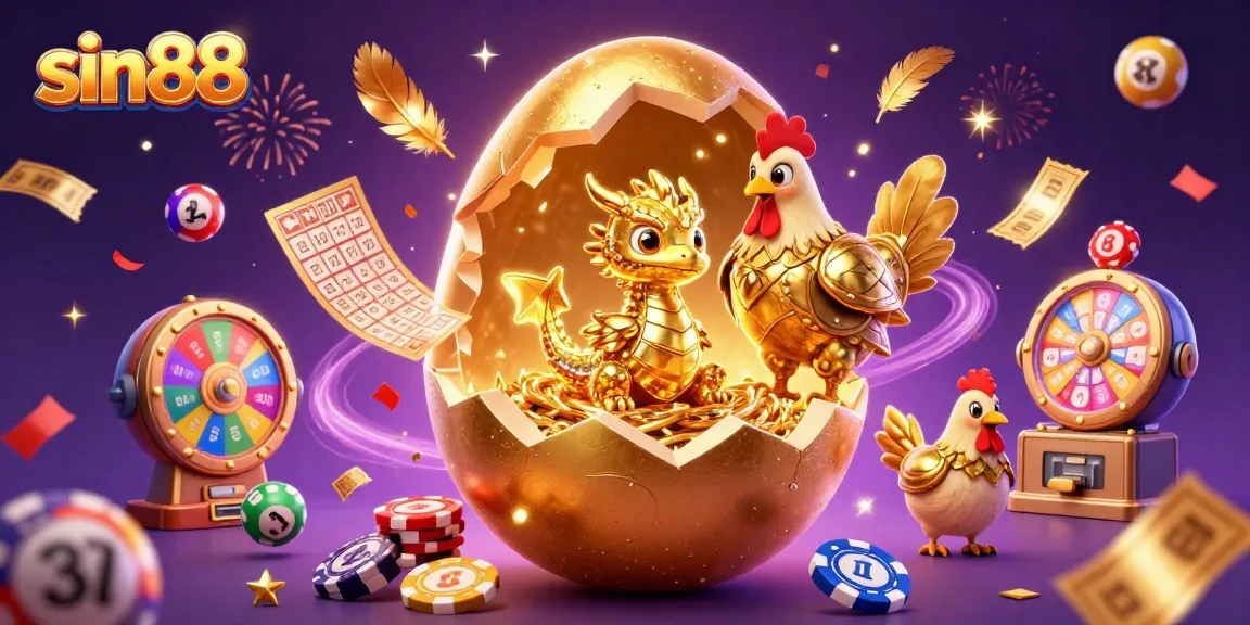 Experience thrilling gaming action with sin88 as a dragon emerges from a golden egg amidst vibrant lottery elements.