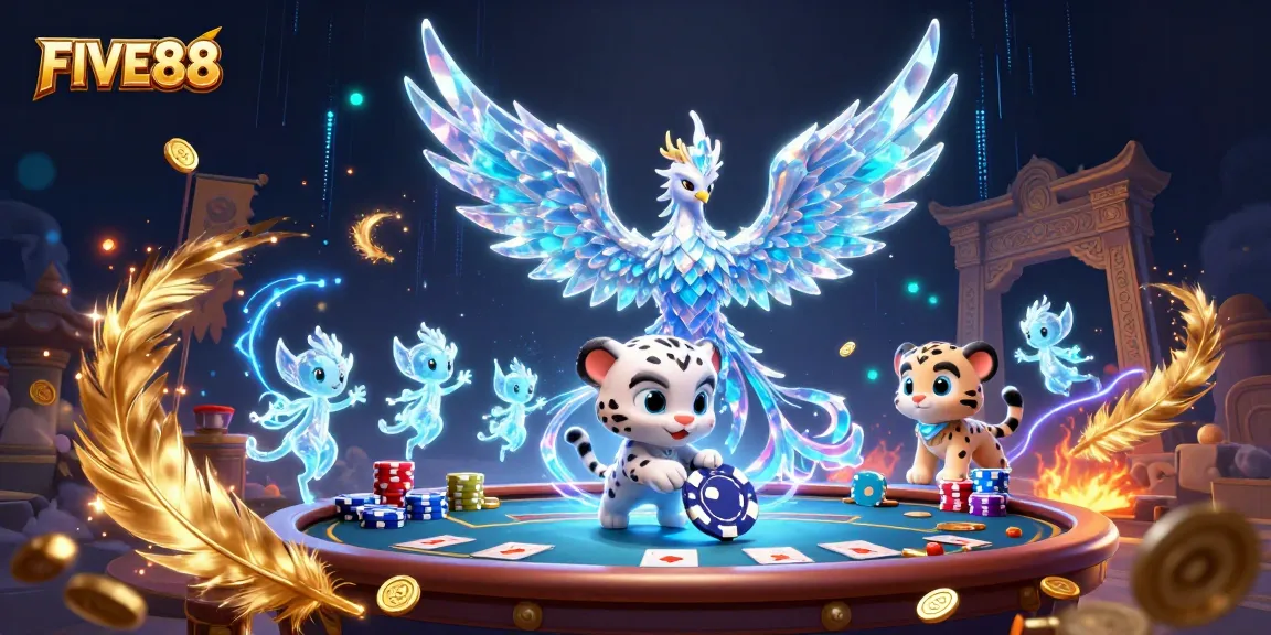 Engage in thrilling poker action with FIVE88 featuring an ice phoenix and playful cub.