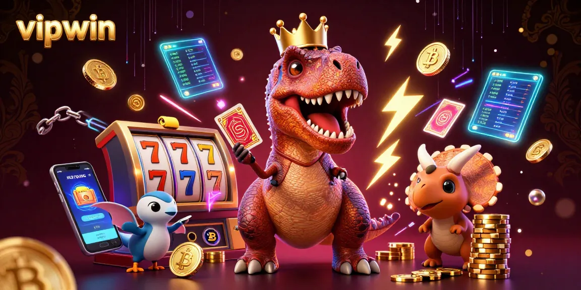 Play slots and stack chips at vipwin with a fun 3D dinosaur gaming scene.