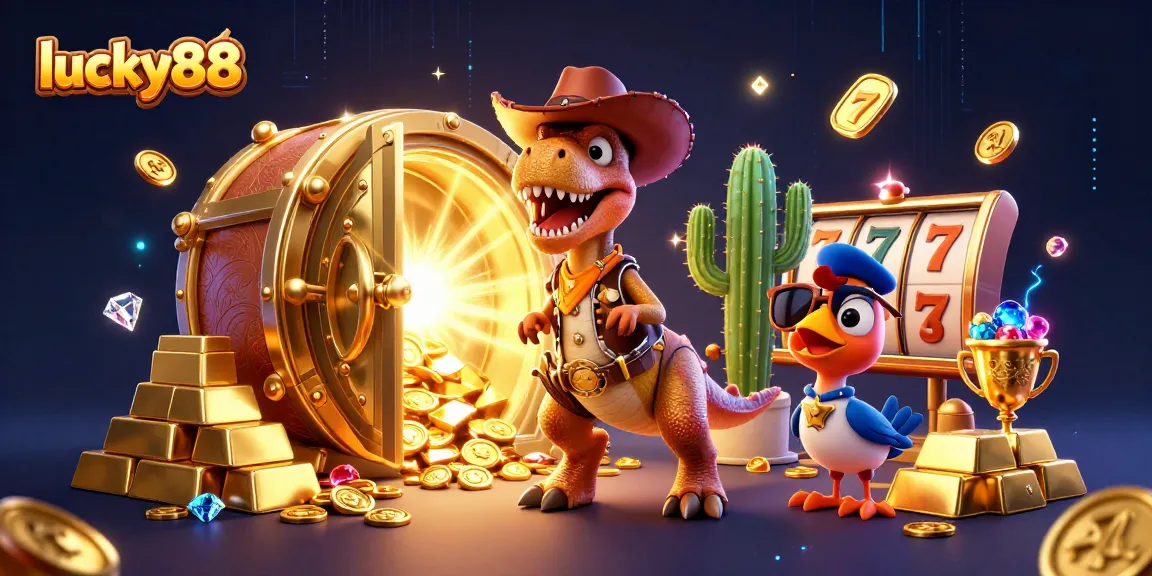 Game big with lucky88 at the dynamic online casino, featuring winning T-Rex and slot visuals.