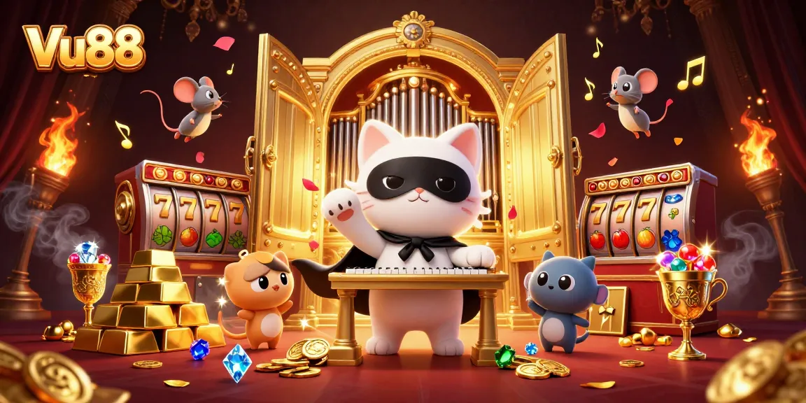Experience thrilling jackpots with Vu88 in an ultra-detailed casino scene filled with gold and excitement.