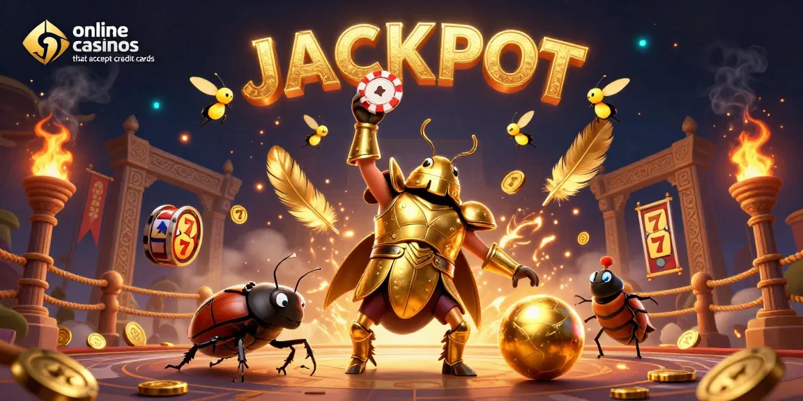 Experience excitement at online casinos that accept credit cards with a vibrant casino scene featuring bold characters and gaming elements.
