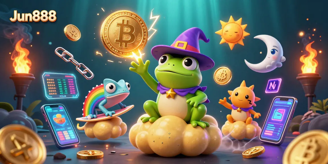 Experience the thrill of Jun888 with gaming wizards surrounded by gold and crypto elements.