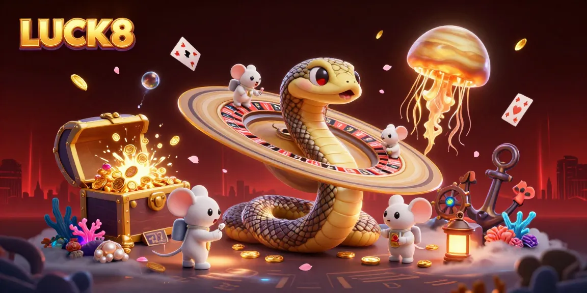 LUCK8 players placing bets with astronaut mice on a cosmic roulette scene featuring vibrant betting elements.