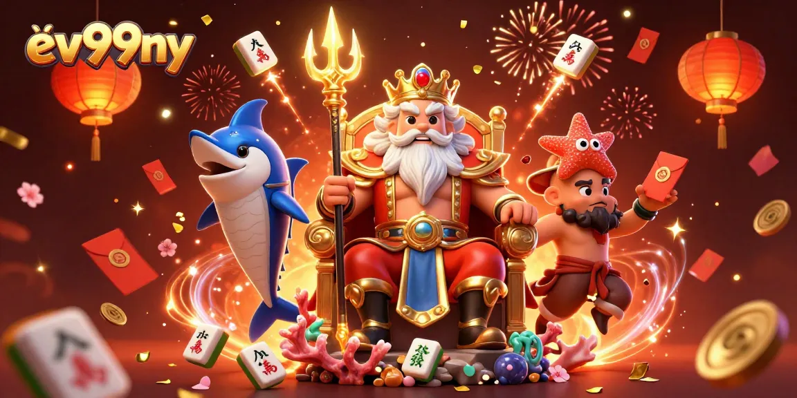 Experience the thrill of ev99ny with Neptune and festive decorations in a vibrant casino scene.